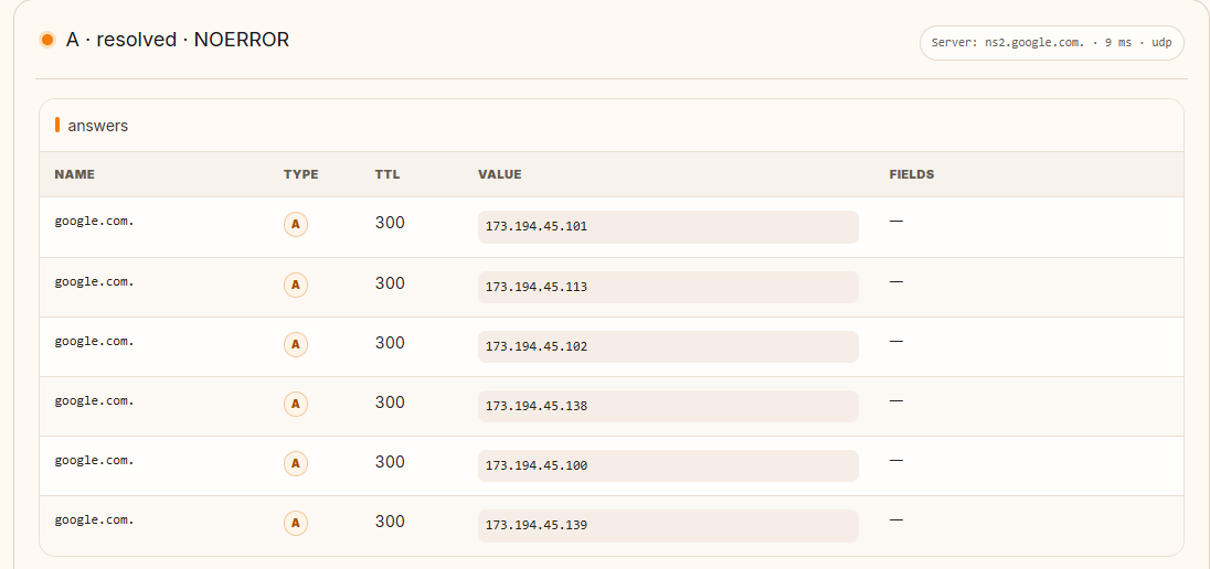 MiyaIP NSLookup A record answers for google.com, showing six IPv4 addresses, TTL 300, and the responding DNS server
