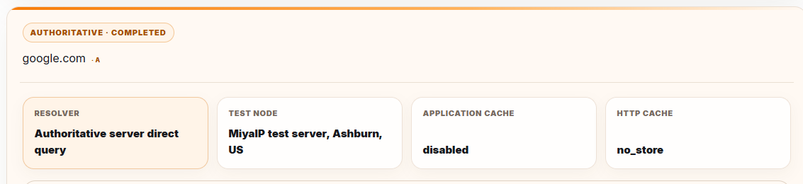 MiyaIP NSLookup authoritative DNS query summary for google.com, showing the resolver, Ashburn test node, and cache status