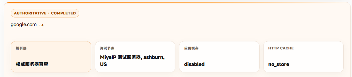 MiyaIP NSLookup 的 google.com 权威 DNS 查询概览,显示解析器、Ashburn 测试节点与缓存状态